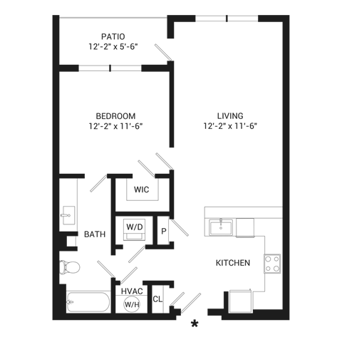 Floor plan for 1 bed, 1 bath, 769 sqft